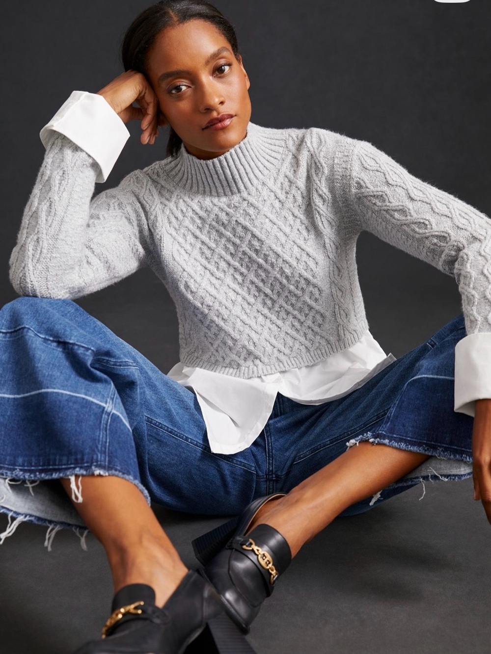 Anthropologie Light Gray Cropped Cable Turtleneck Sweater